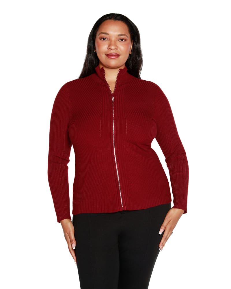 Front of a model wearing a size 1X Plus Size Mock Neck Ribbed Sweater Zip Up in Cranberry by Belldini Black Label. | dia_product_style_image_id:319065